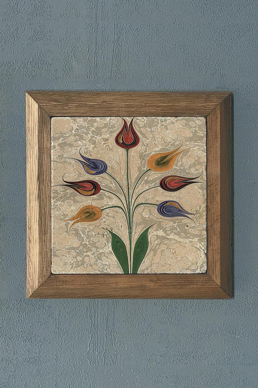 Solid Framed Marbled Flower Natural Stone Painting Panel 11" x 11"