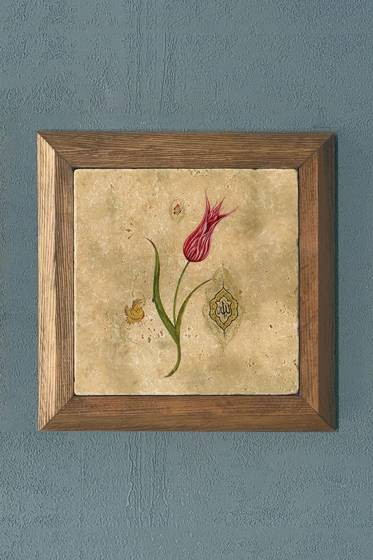 Solid Framed Marbled Flower Tulip Natural Stone Painting Panel 11" x 11"