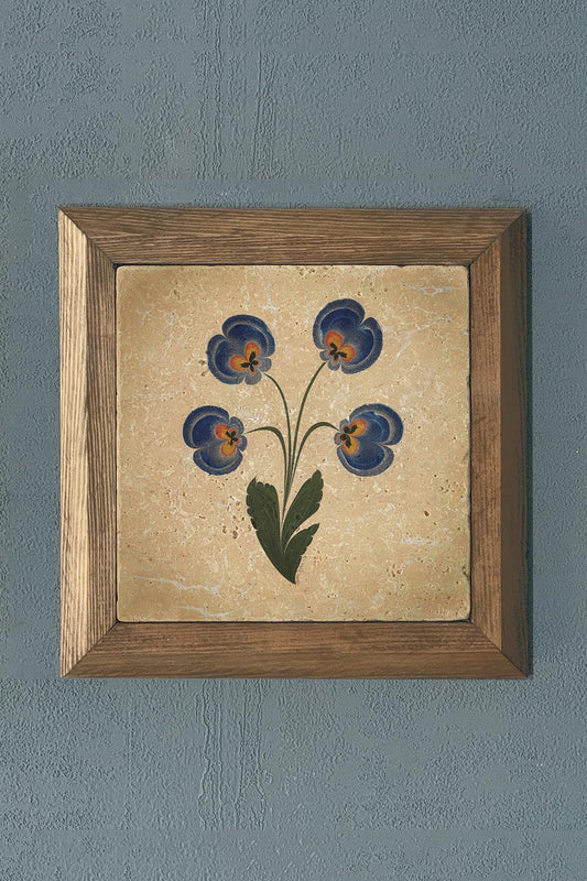 Solid Framed Marbled Flower Violet Natural Stone Painting Panel 11" x 11"