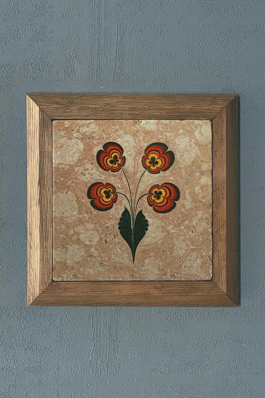 Solid Framed Marbled Flower Violet Natural Stone Painting Panel 11" x 11"