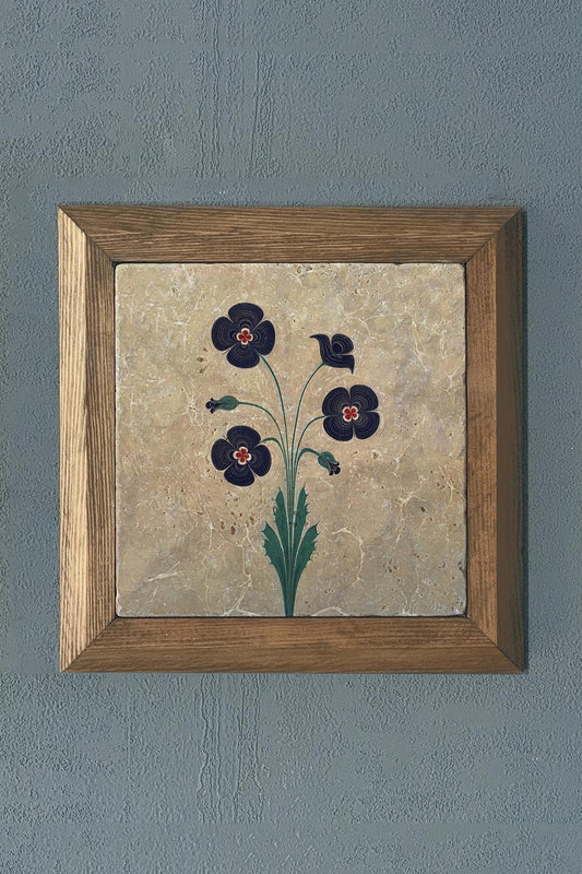 Solid Framed Marbled Flower Violet Natural Stone Painting Panel 11" x 11"