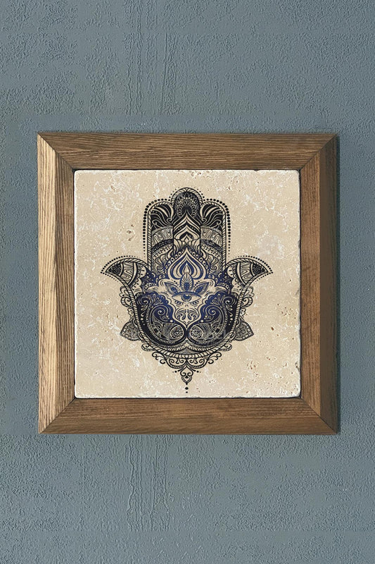 Solid Framed Mother of Fatma Hand (Bereket Nazar) Natural Stone Painting Panel 11" x 11"