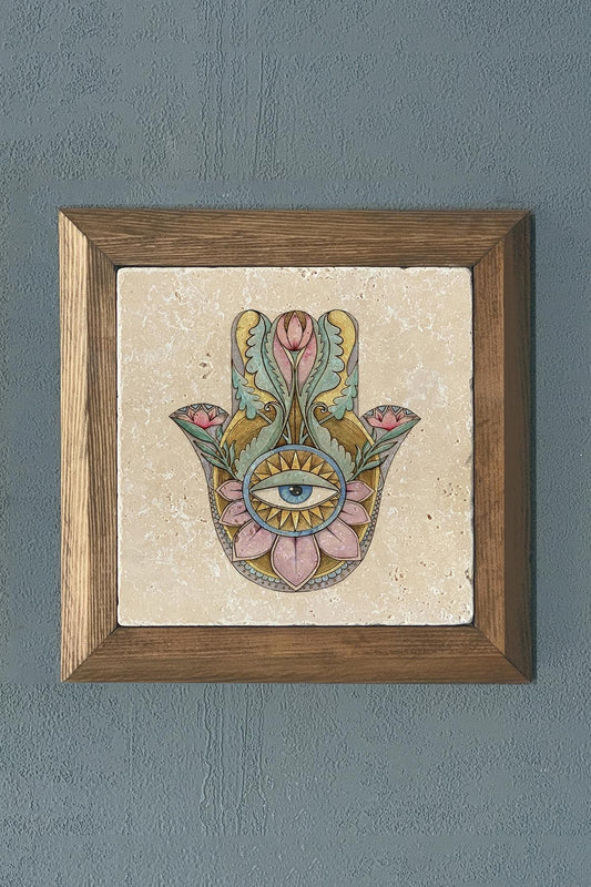 Solid Framed Mother of Fatma's Hand (Bereket) Natural Stone Painting Panel 11" x 11"