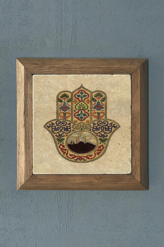 Solid Framed Mother of Fatma Hand (Bereket Nazar) Natural Stone Painting Panel 11" x 11"