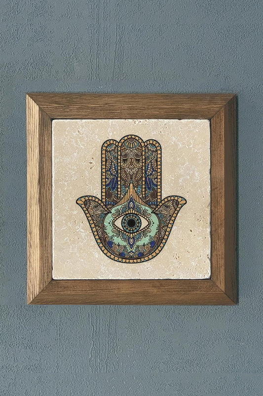 Solid Framed Mother of Fatma Hand (Bereket Nazar) Natural Stone Painting Panel 11" x 11"