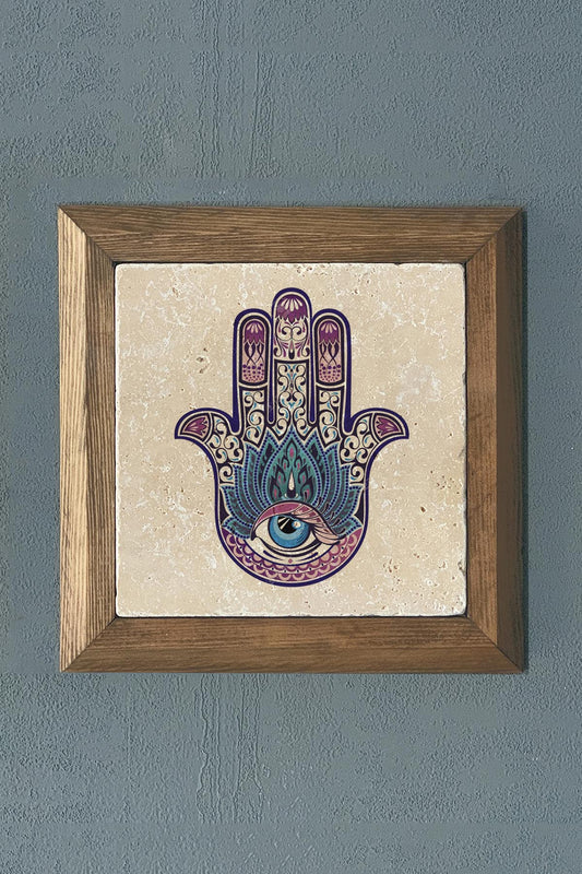 Solid Framed Fatima Mother's Hand (Bereket) Natural Stone Painting 11" x 11"