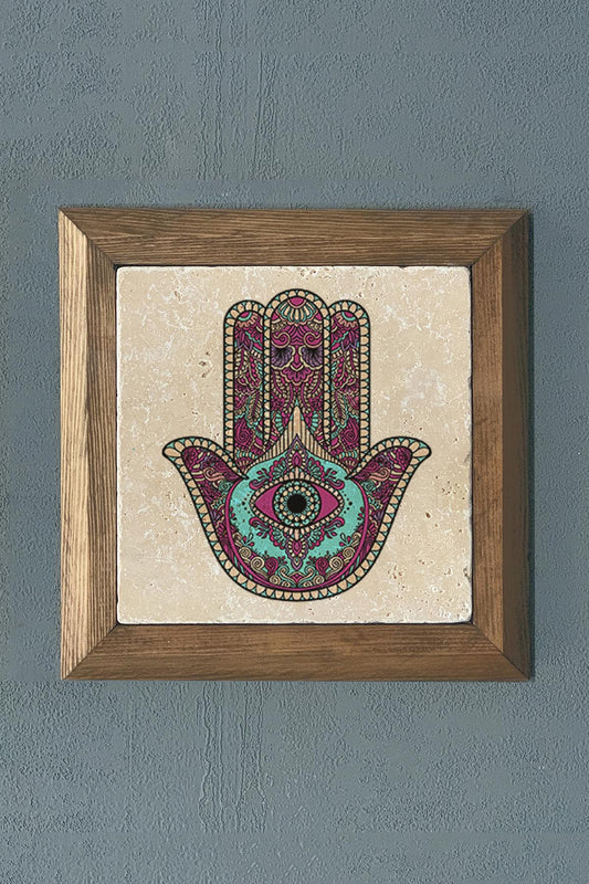 Solid Framed Fatima Mother's Hand (Bereket) Natural Stone Painting 11" x 11"