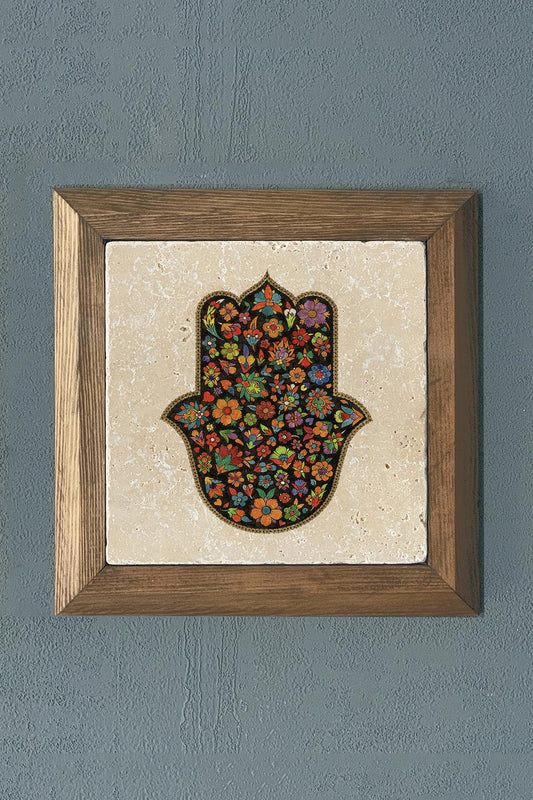 Solid Framed Mother of Fatma Hand (Bereket Nazar) Natural Stone Painting Panel 11" x 11"