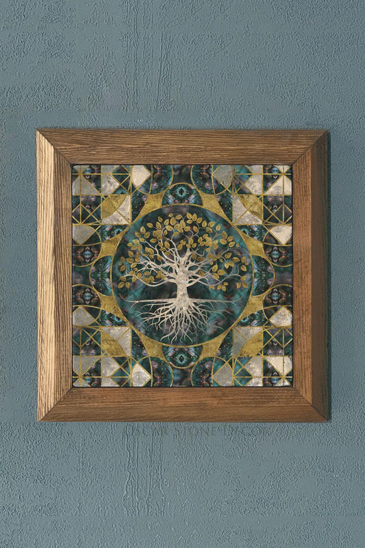 Solid Framed Tree of Life (Life) Natural Stone Painting Panel 11" x 11"