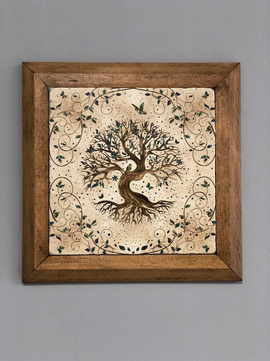 Solid Framed Tree of Life (life) Natural Stone Painting Panel 11" x 11"