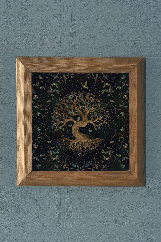 Solid Framed Tree of Life (Life) Natural Stone Painting Panel 11" x 11"