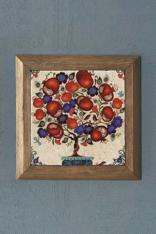 Solid Framed Pomegranate Tree (Abundance) Natural Stone Painting Panel 11" x 11"