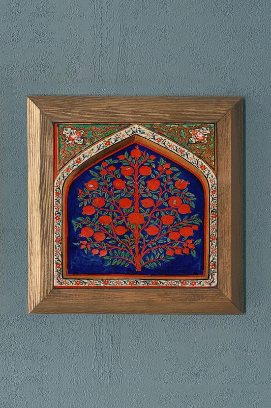 Solid Framed Pomegranate Tree Abundance Stone Painting 11" x 11"