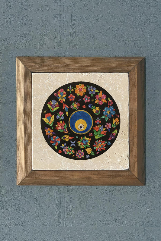 Solid Framed Evil Eye Bead Natural Stone Painting 11" x 11"