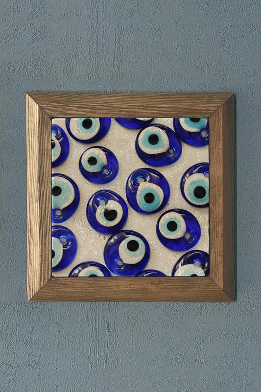 Solid Framed Evil Eye Bead Natural Stone Painting 11" x 11"