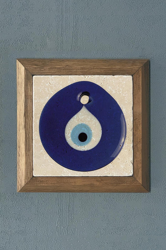 Solid Framed Evil Eye Bead Natural Stone Painting 11" x 11"