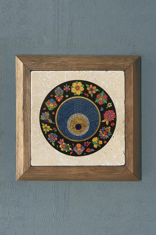 Solid Framed Evil Eye Bead Natural Stone Painting 11" x 11"