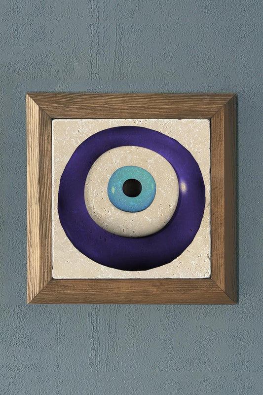 Solid Framed Evil Eye Bead Natural Stone Painting 11" x 11"