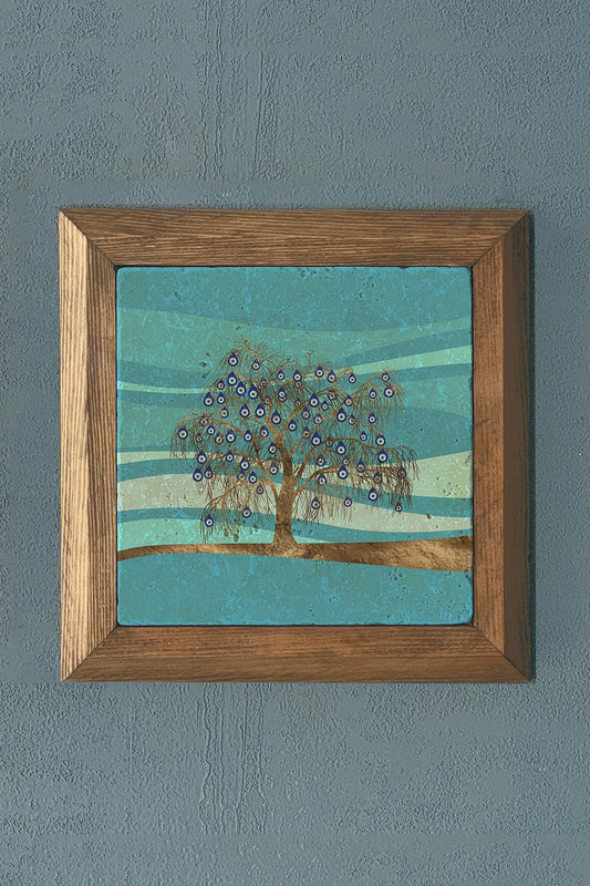 Solid Framed Evil Eye Stone Painting - Wall Decoration - 11" x 11" - WALL DECOR