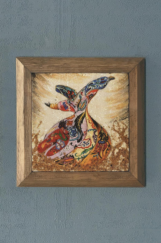 Solid Framed Whirling Dervish (Mevlana) Natural Stone Painting Panel 11" x 11"