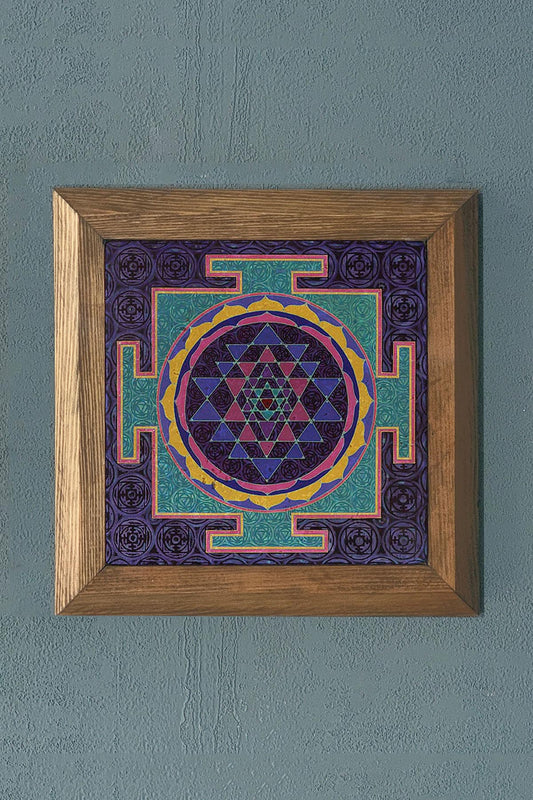 Solid Framed Sri Yantra Patterned Stone Painting 11" x 11"