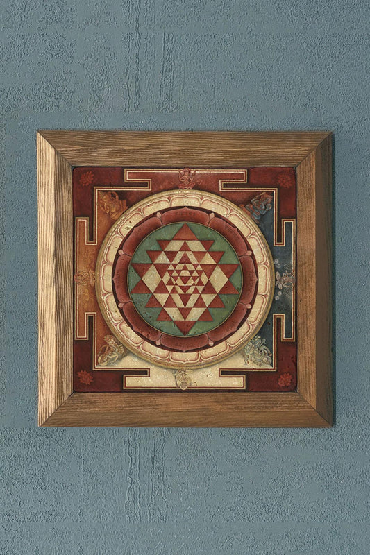 Solid Framed Sri Yantra Stone Painting - Wall Decoration - 11" x 11" - WALL DECOR