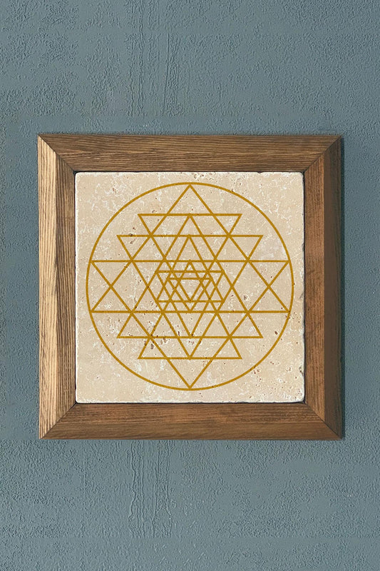 Solid Framed Sri Yantra Stone Painting - Wall Decoration - 11" x 11" - WALL DECOR