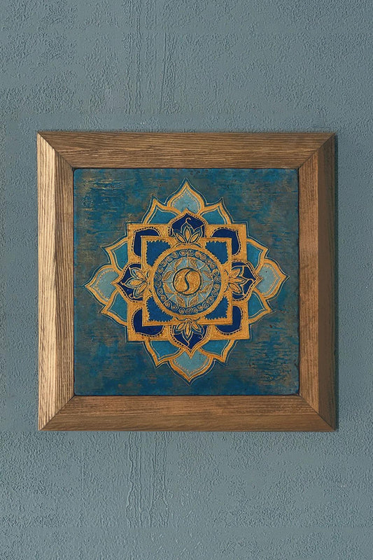 Solid Framed Sri Yantra Stone Painting 11" x 11"