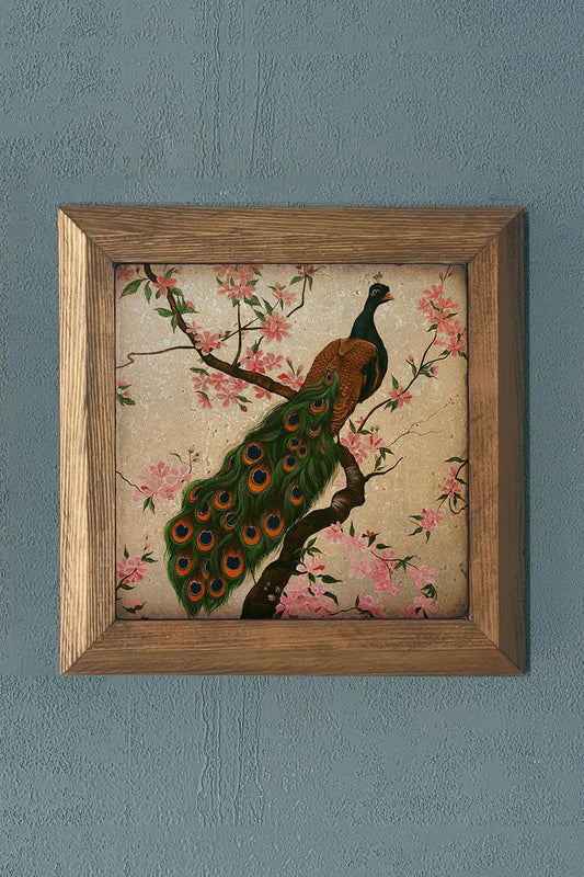 Solid Framed Stone Painting Peacock - Wall Decoration - 11" x 11"