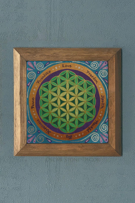 Solid Framed Flower of Life Natural Stone Painting Panel 11" x 11"