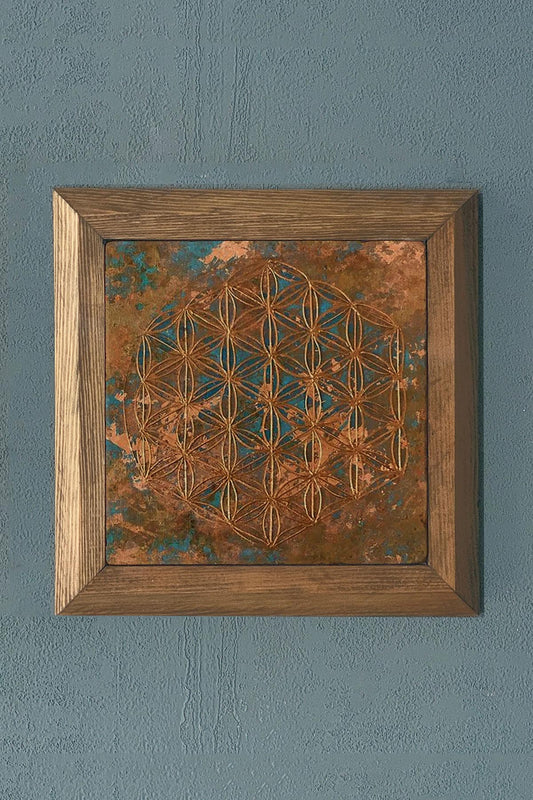 Solid Framed Flower of Life Tumbled Stone Painting 11" x 11"