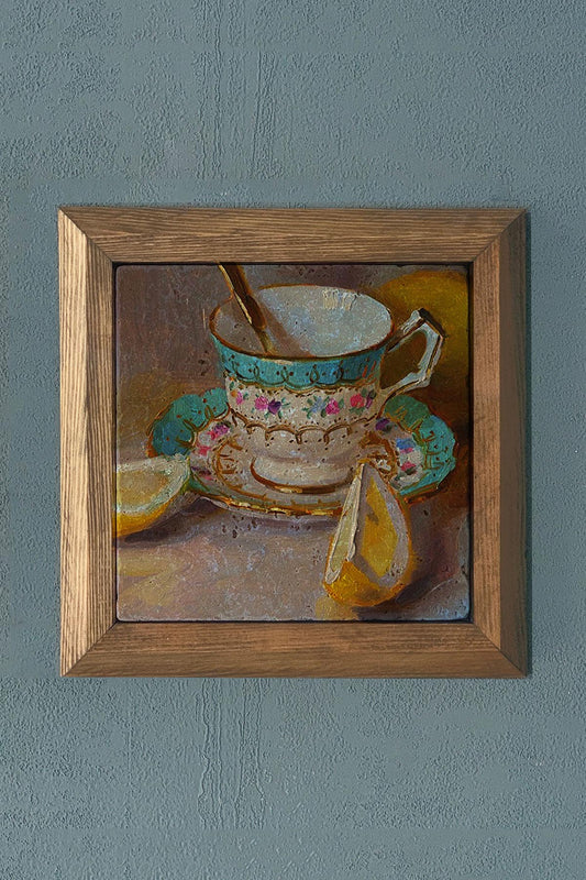 Guest Cup Solid Framed Stone Painting-Wall Decor- 11" x 11"