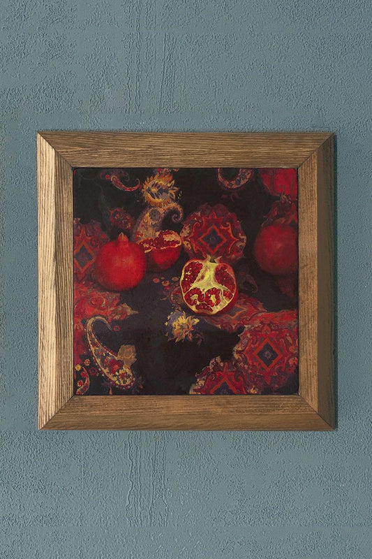 POMEGRANATE THEMED WOODEN Framed Stone Painting-Wall Decor- 11" x 11"