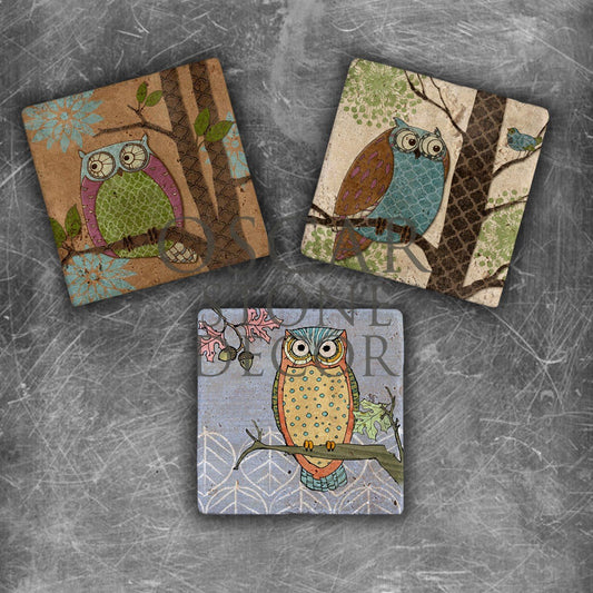 OWLS ON THE TREE NATURAL STONE MAGNET SET / MG-082