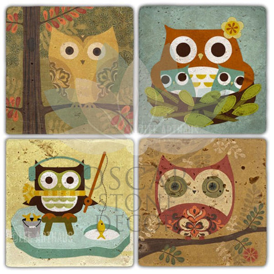 HUNTER OWL 4-Piece NATURAL STONE COASTERS / BA249 (COASTER)
