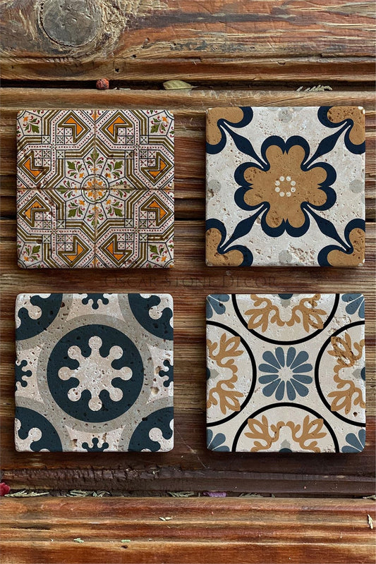 Printed Natural Stone Coasters Set of 4 Pattern Tile