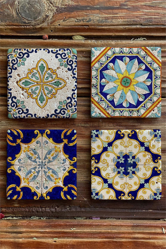 Printed Natural Stone Coasters Set of 4 Majalica Pattern Tile