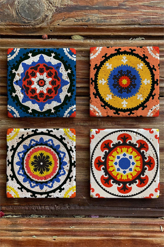 Printed Natural Stone Coasters Set of 4 Suzani Pattern Tile