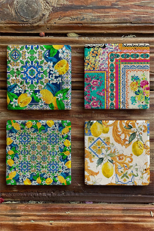 Printed Natural Stone Coasters Set of 4 Pattern Tile
