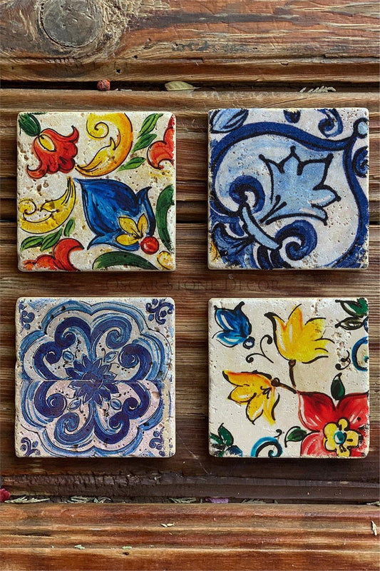 Printed Natural Stone Coasters Set of 4 Pattern Tile