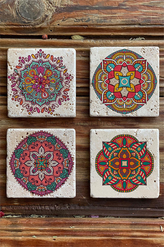 Printed Natural Stone Coasters Set of 4 Mandala Pattern Tile