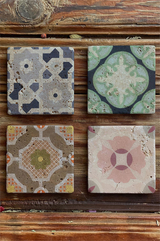 Printed Natural Stone Coasters Set of 4 Pattern Tile