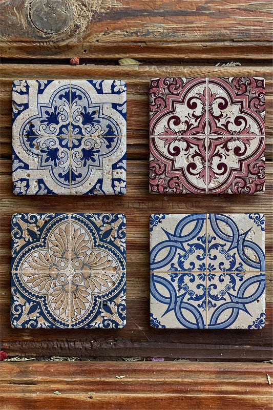 Printed Natural Stone Coasters Set of 4 Pattern Tile