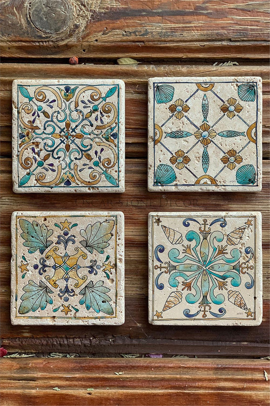 Printed Natural Stone Coasters Set of 4 Pattern Tile