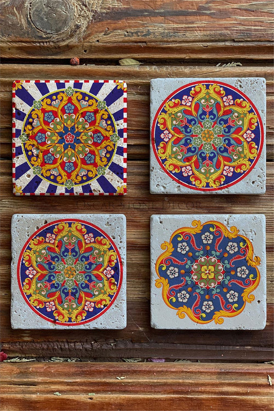 Printed Natural Stone Coasters Set of 4 Pattern Tile