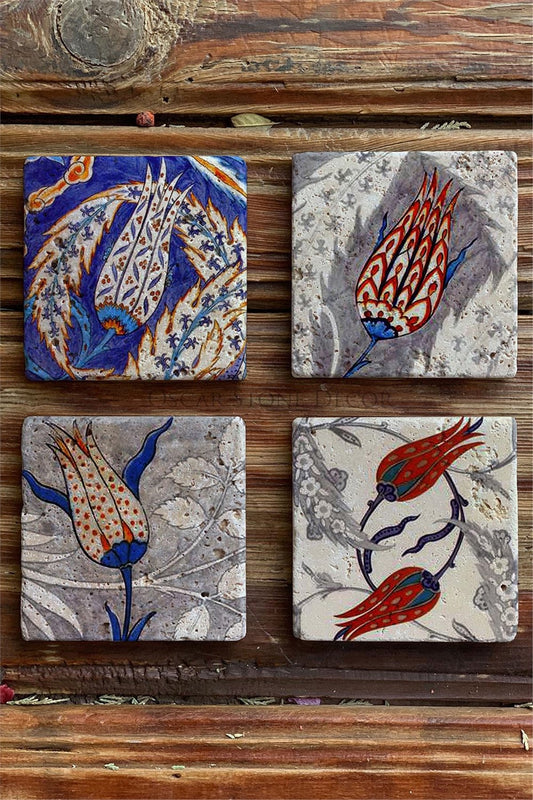 Printed Natural Stone Coasters Set of 4 Tile Pattern Tile