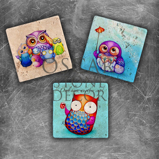 OWL FAMILY NATURAL STONE MAGNET SET / MG-090