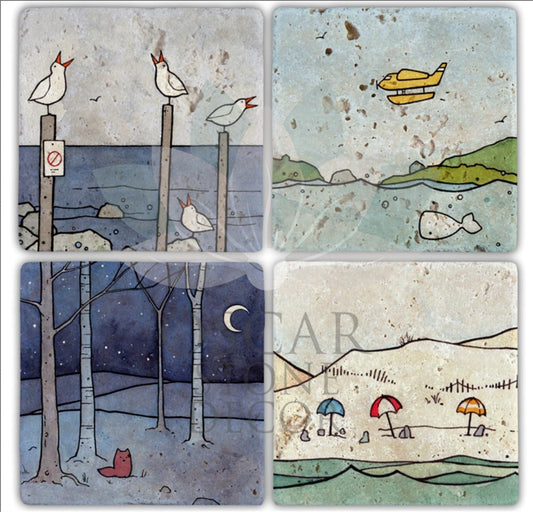 BEACH UMBRELLA 4-Piece NATURAL STONE COASTERS / BA210 (COASTER)
