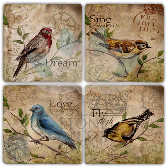 BIRD OF DREAM 4-Piece NATURAL STONE COASTERS / BA393 (COASTER)