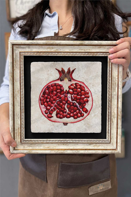 Framed Painting Stone Wall Decor 12" x 12" Pomegranate Drawing Painting